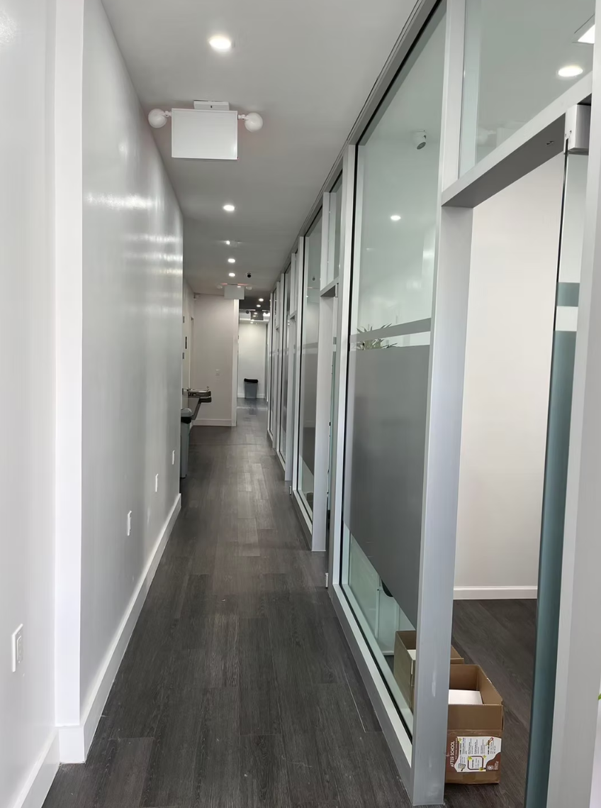 Glass-walled hallway
